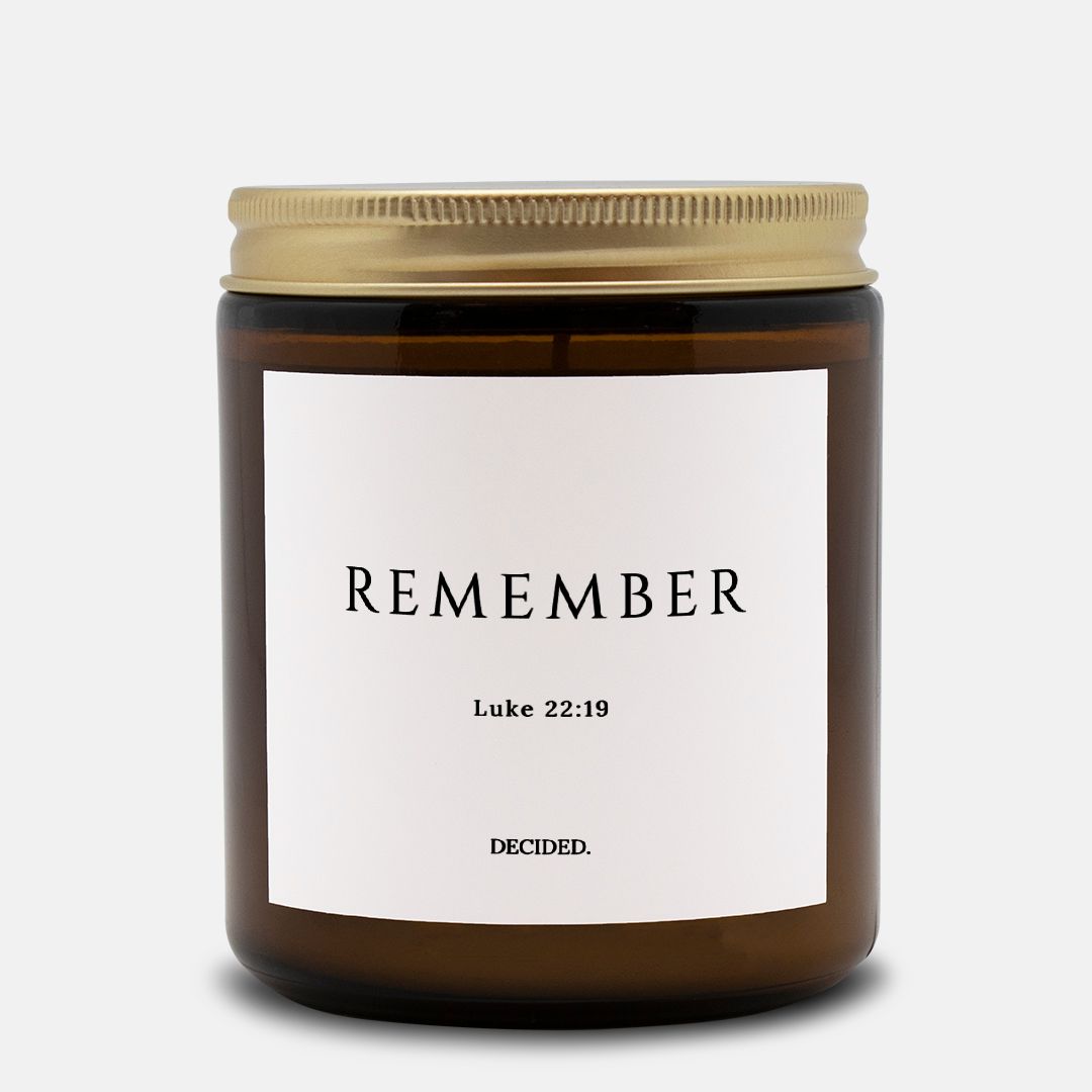 REMEMBER scripture candle with Luke 22:19 label in a 9oz amber glass jar with gold lid - DECIDED.