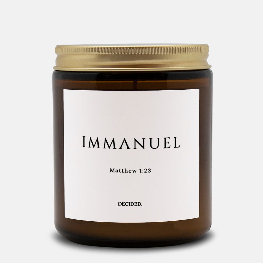 IMMANUEL scripture candle with Matthew 1:23 label in a 9oz amber glass jar with gold lid - DECIDED.