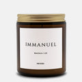 IMMANUEL scripture candle with Matthew 1:23 label in a 9oz amber glass jar with gold lid - DECIDED.