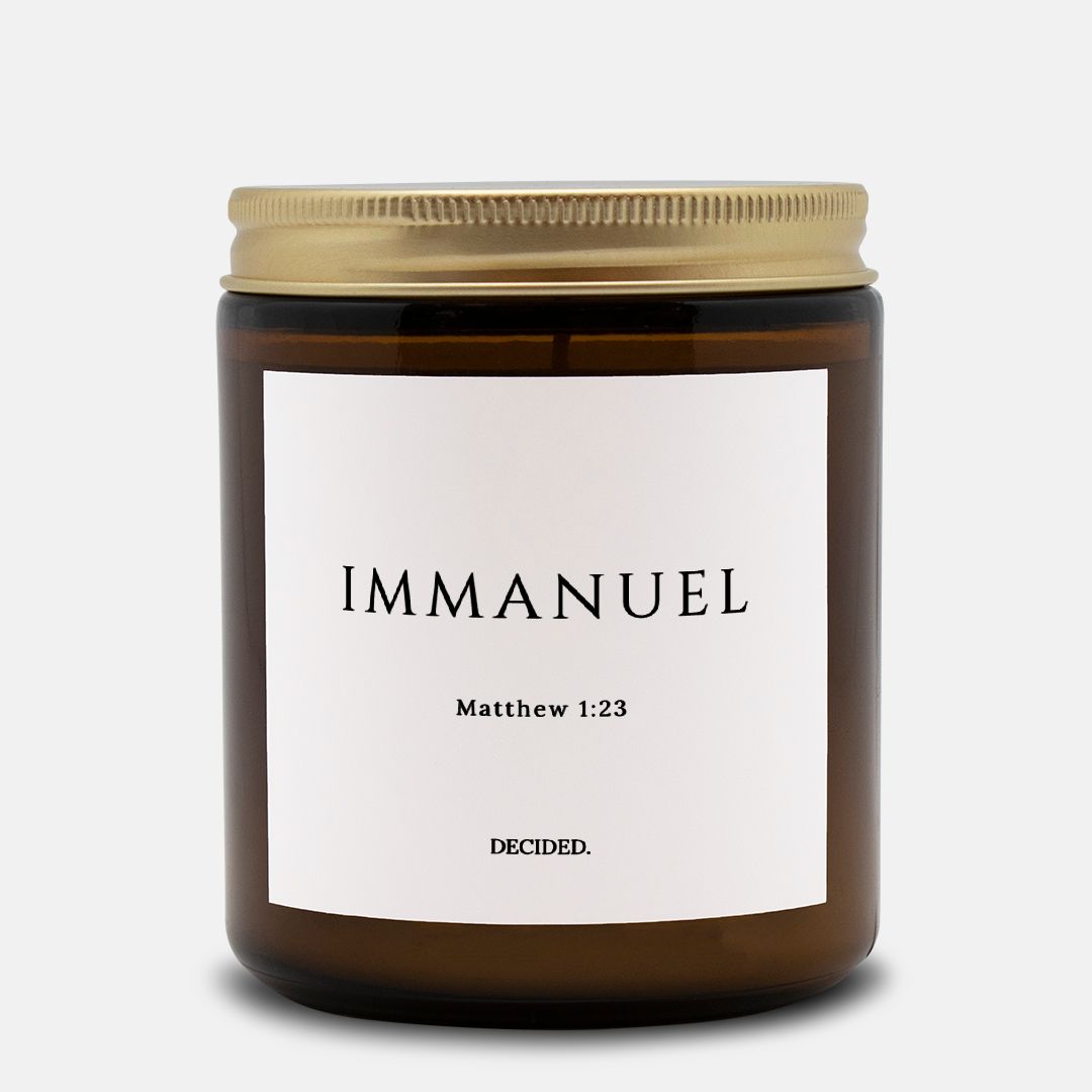 IMMANUEL scripture candle with Matthew 1:23 label in a 9oz amber glass jar with gold lid - DECIDED.