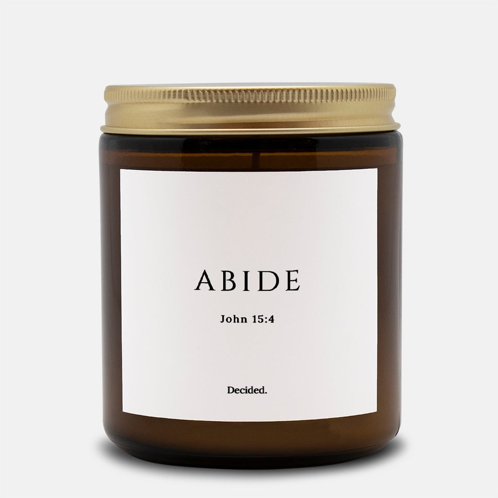 ABIDE scripture candle with John 15:4 label in a 9oz amber glass jar with gold lid - DECIDED.