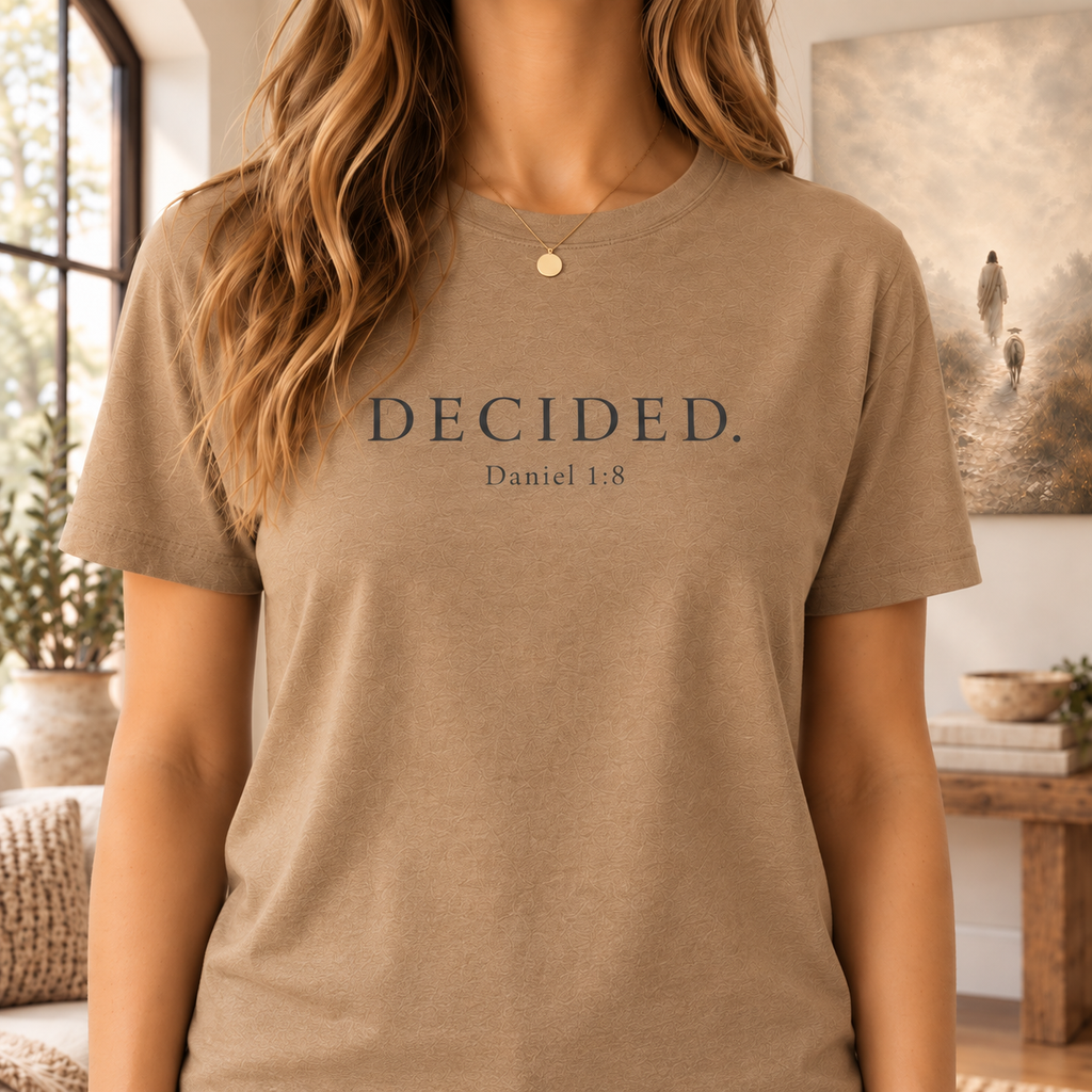 Person wearing the DECIDED. Daniel 1:8 scripture t-shirt