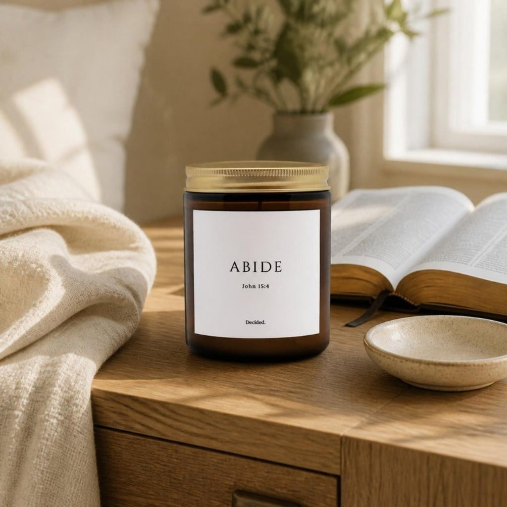 ABIDE John 15:4 scripture candle styled in a cozy home setting - DECIDED.