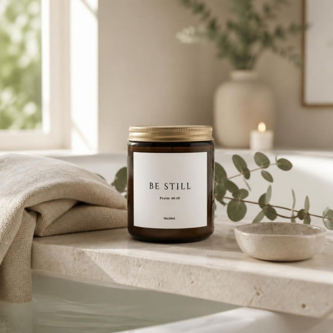 BE STILL Psalm 46:10 scripture candle styled in a cozy home setting - DECIDED.