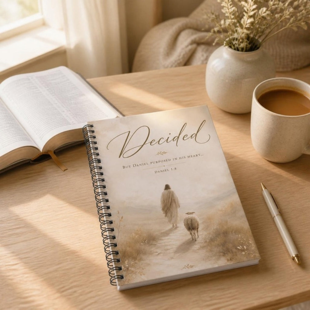 DECIDED. Daniel 1:8 spiral notebook with Shepherd and sheep artwork, styled in a cozy setting