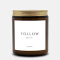 FOLLOW scripture candle with John 10:27 label in a 9oz amber glass jar with gold lid - DECIDED.