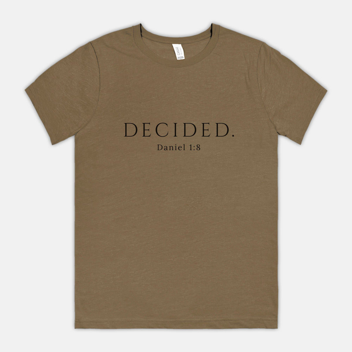DECIDED. Daniel 1:8 scripture t-shirt in Heather Olive