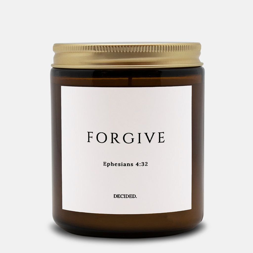 FORGIVE scripture candle with Ephesians 4:32 label in a 9oz amber glass jar with gold lid - DECIDED.