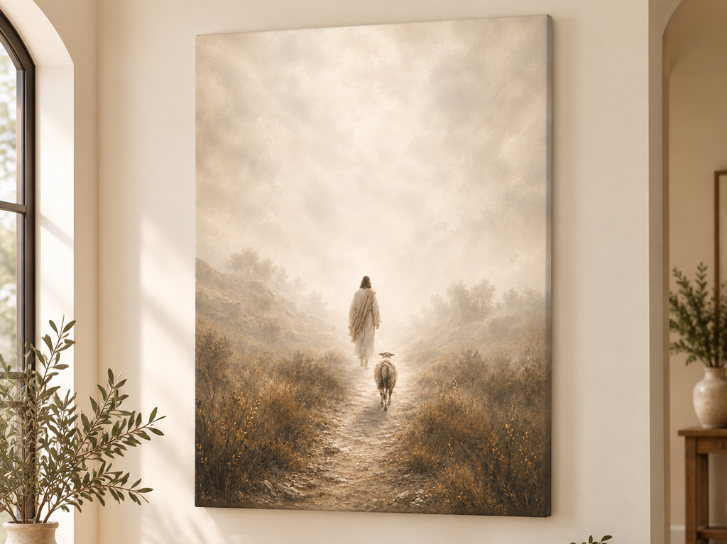 FOLLOW John 10:27 scripture canvas art shown in a styled home setting - DECIDED.