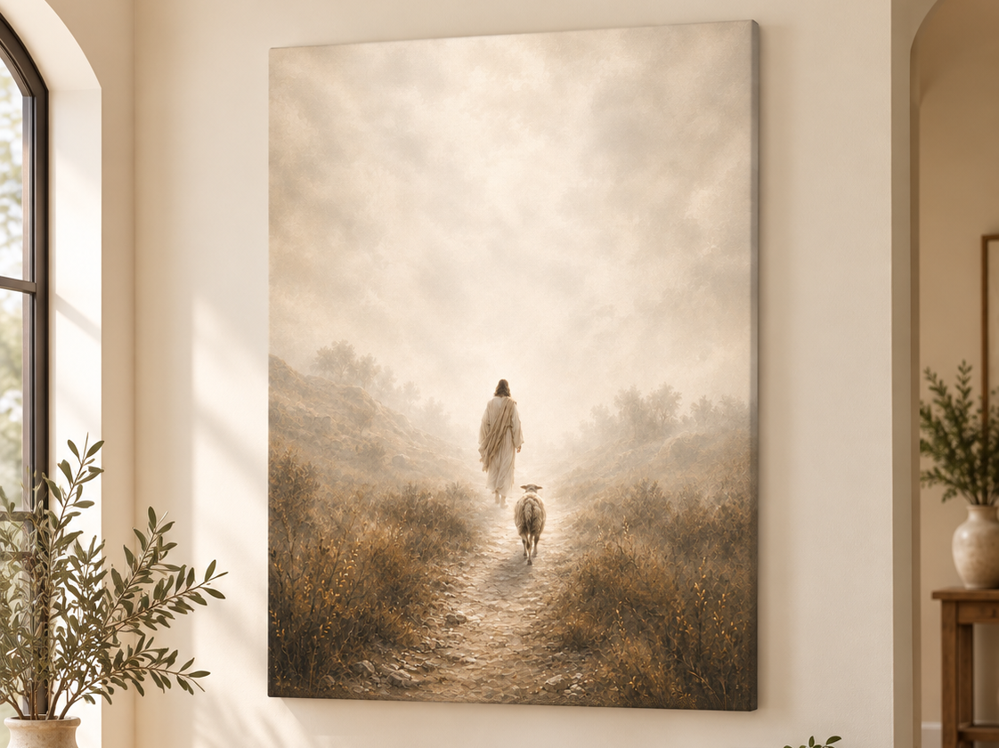 FOLLOW John 10:27 scripture canvas art shown in a styled home setting - DECIDED.