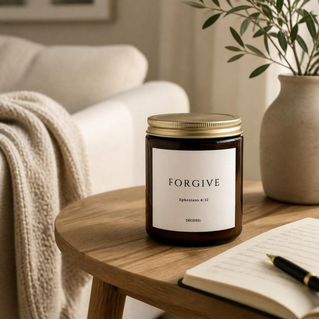 FORGIVE Ephesians 4:32 scripture candle styled in a cozy home setting - DECIDED.