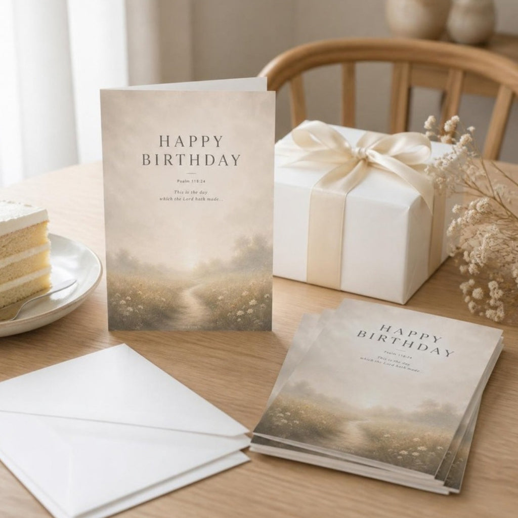 HAPPY BIRTHDAY Psalm 118:24 scripture greeting cards with white envelopes in a styled setting - DECIDED.