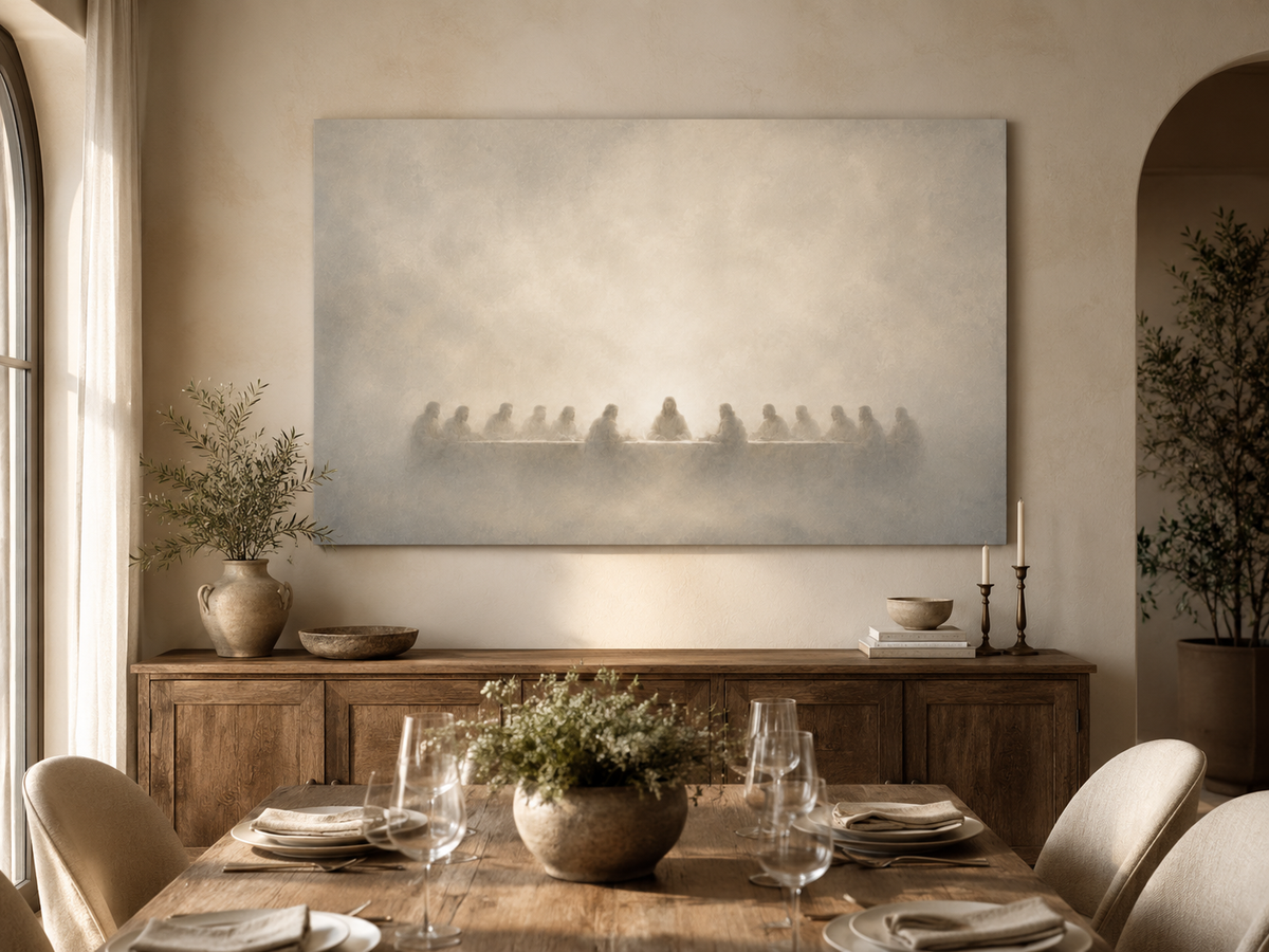 REMEMBER Luke 22:19 scripture canvas art shown in a styled home setting - DECIDED.