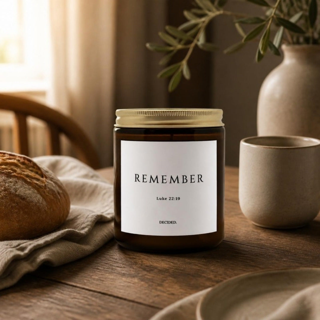 REMEMBER Luke 22:19 scripture candle styled in a cozy home setting - DECIDED.