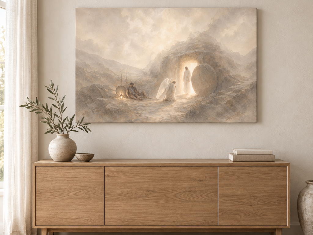 RISEN Matthew 28:1-6 scripture canvas art shown in a styled home setting - DECIDED.