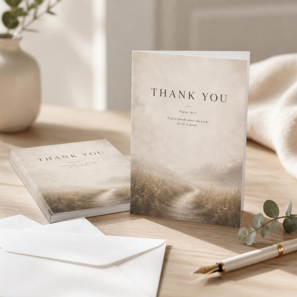 THANK YOU Psalm 107:1 scripture greeting cards with white envelopes in a styled setting - DECIDED.