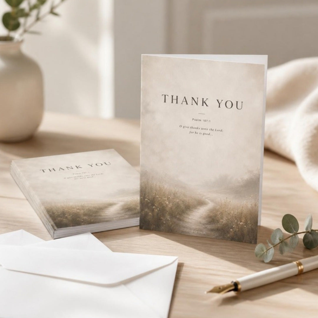 THANK YOU Psalm 107:1 scripture greeting cards with white envelopes in a styled setting - DECIDED.