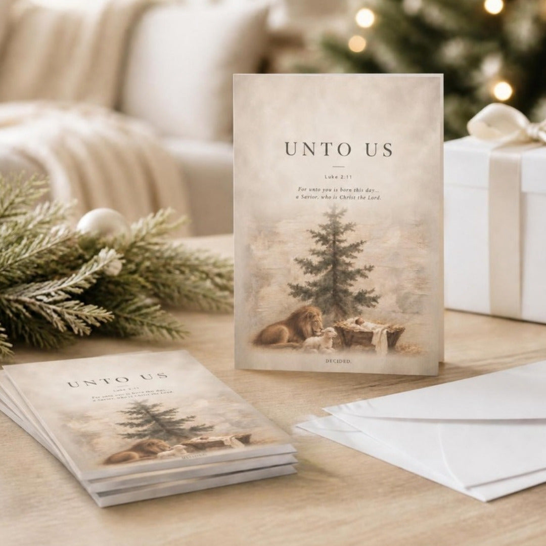 UNTO US Luke 2:11 scripture greeting cards with white envelopes in a styled setting - DECIDED.