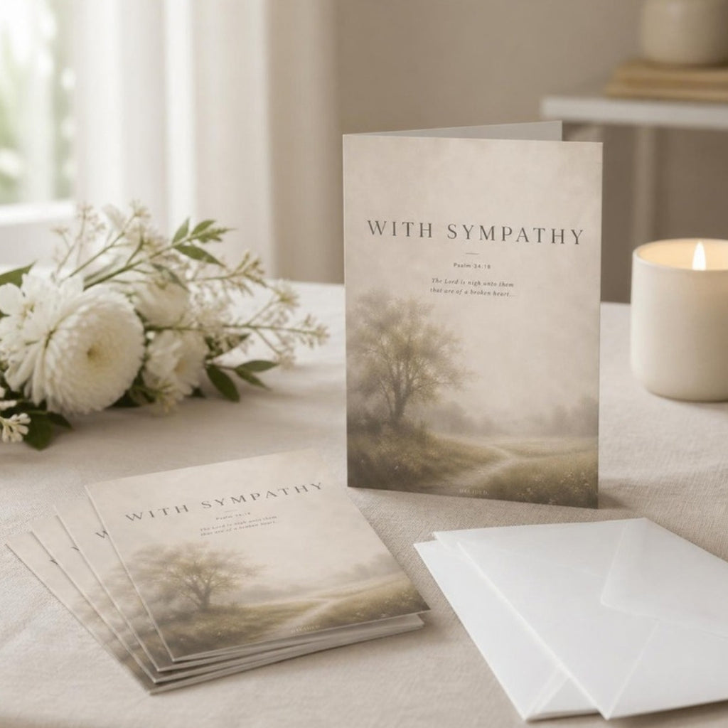 WITH SYMPATHY Psalm 34:18 scripture greeting cards with white envelopes in a styled setting - DECIDED.
